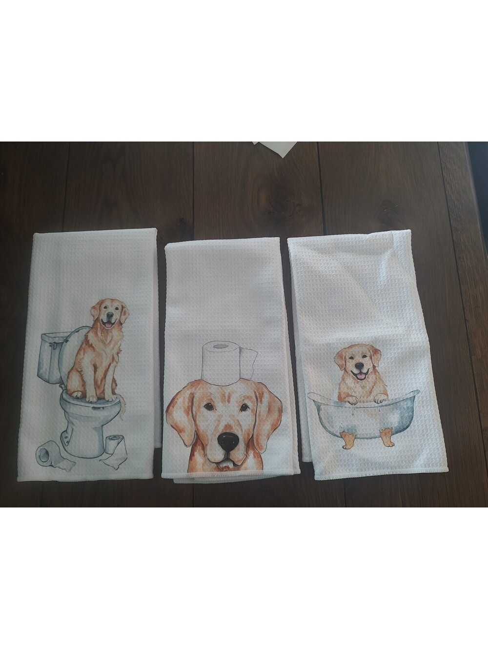 Set of 3 White Kitchen Towels with Cute Golden Retriever Dog Prints